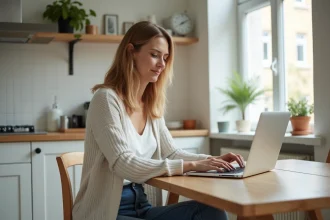 Femme en tenue décontractée travaillant sur son ordinateur dans une cuisine lumineuse