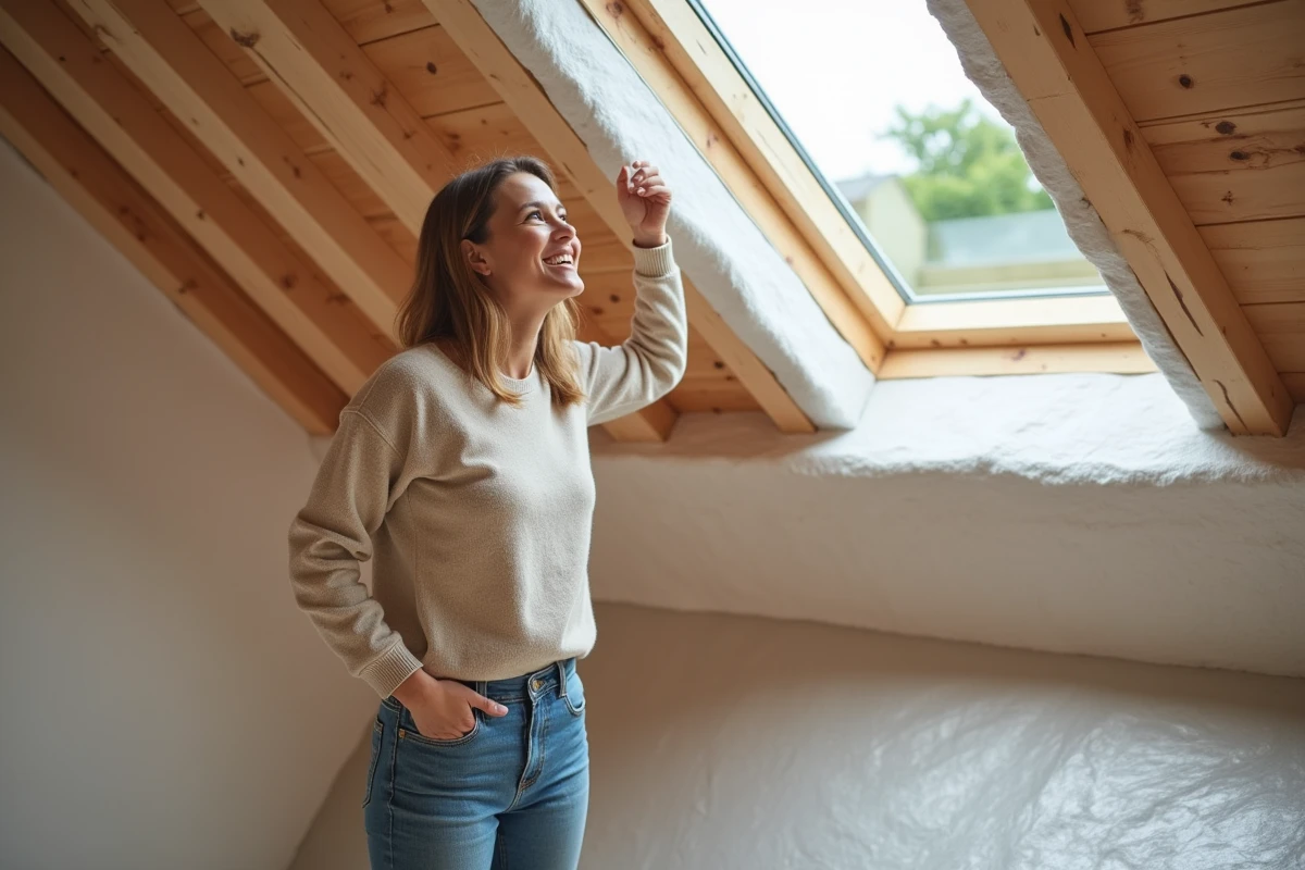 Femme souriante vérifiant isolation dans un loft rénové