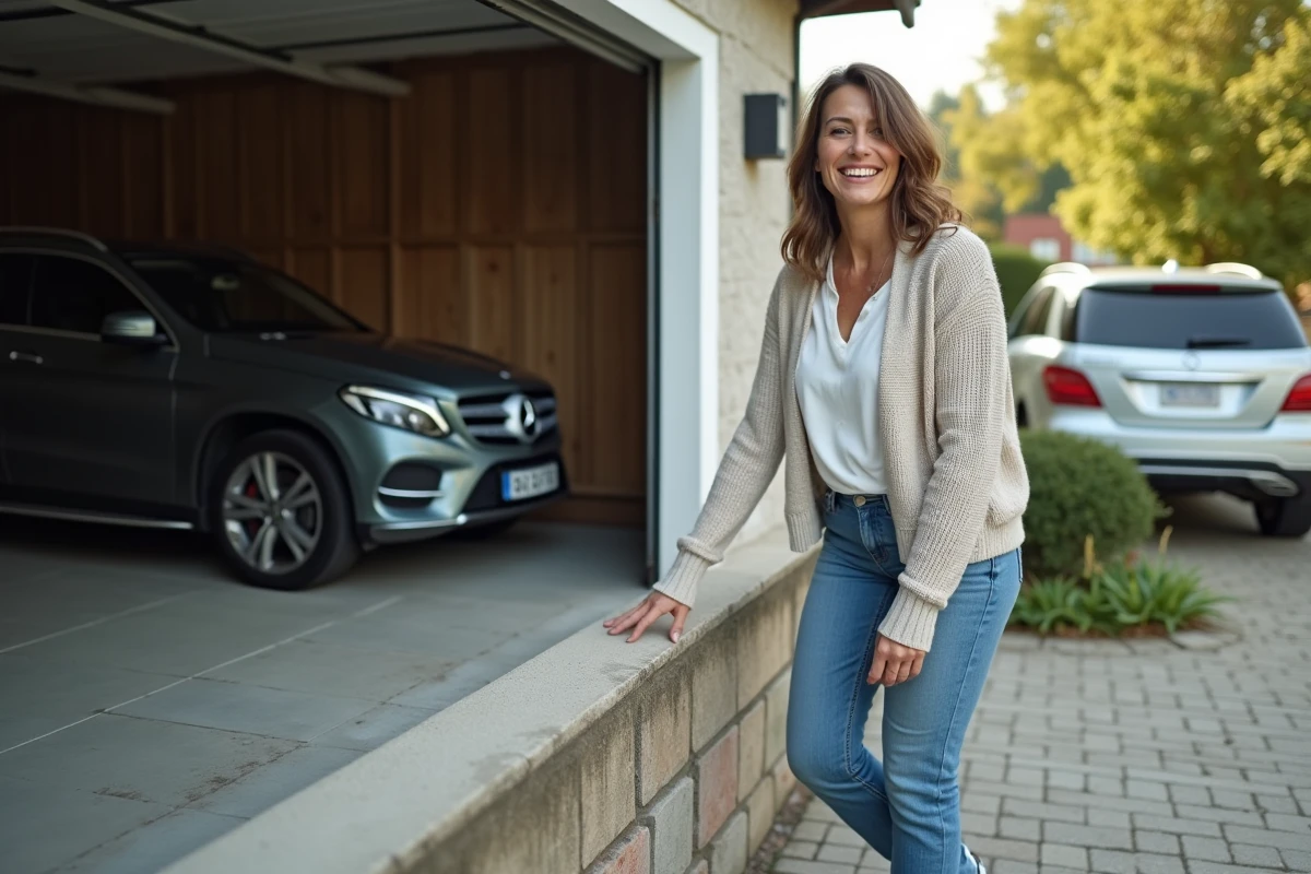 Femme touchant un seuil en béton à l