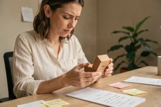 Femme examinant une boîte à bijoux personnalisée en bois avant de passer commande, avec une checklist manuscrite sur un bureau en chêne