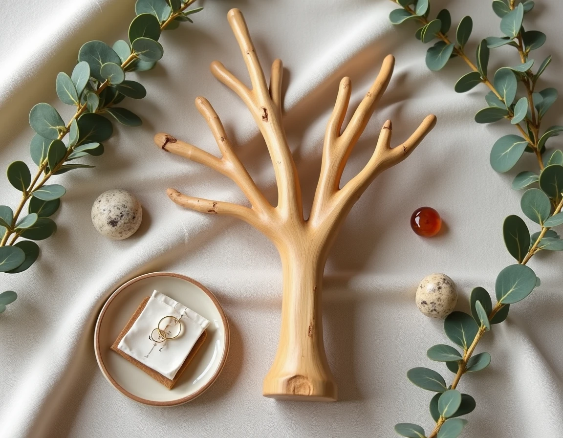 Flat lay d'un arbre à bijoux en bois brut entouré de pierres naturelles, feuilles séchées et bague dans un décor bohème naturel