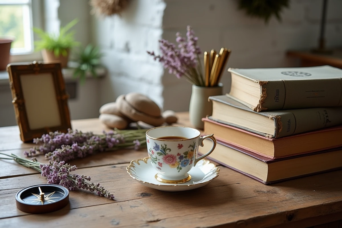 Composition flat-lay d'objets brocante anciens sur une table en chêne brut dans un atelier artisanal