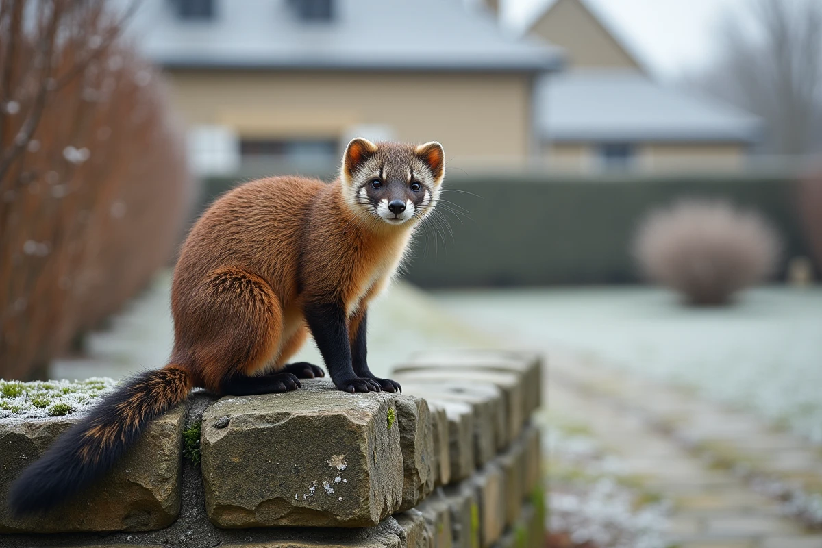 Fouine sur un muret en pierre dans un jardin en hiver, campagne française