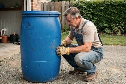Homme inspectant un fût plastique bleu de 200 litres récupéré gratuitement dans son jardin