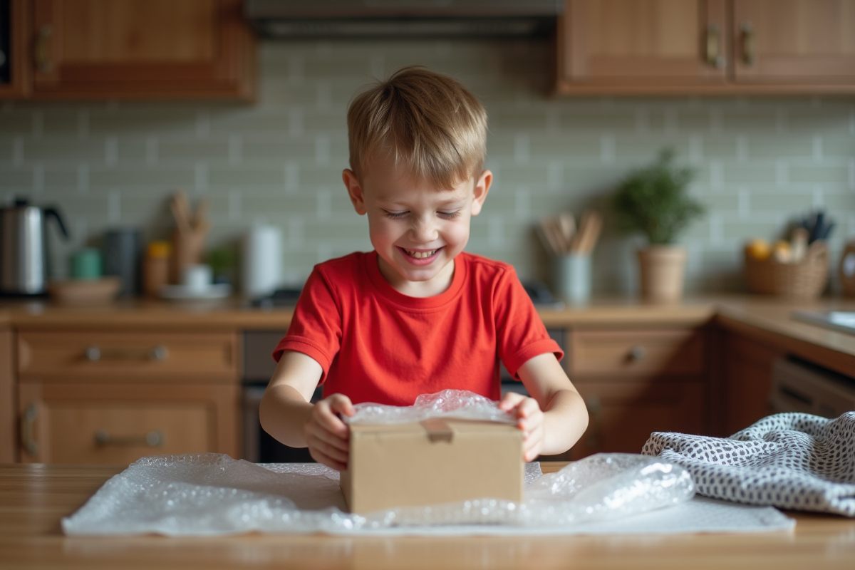 Garçon de 8 ans emballant une boîte avec du bulle wrap à la cuisine