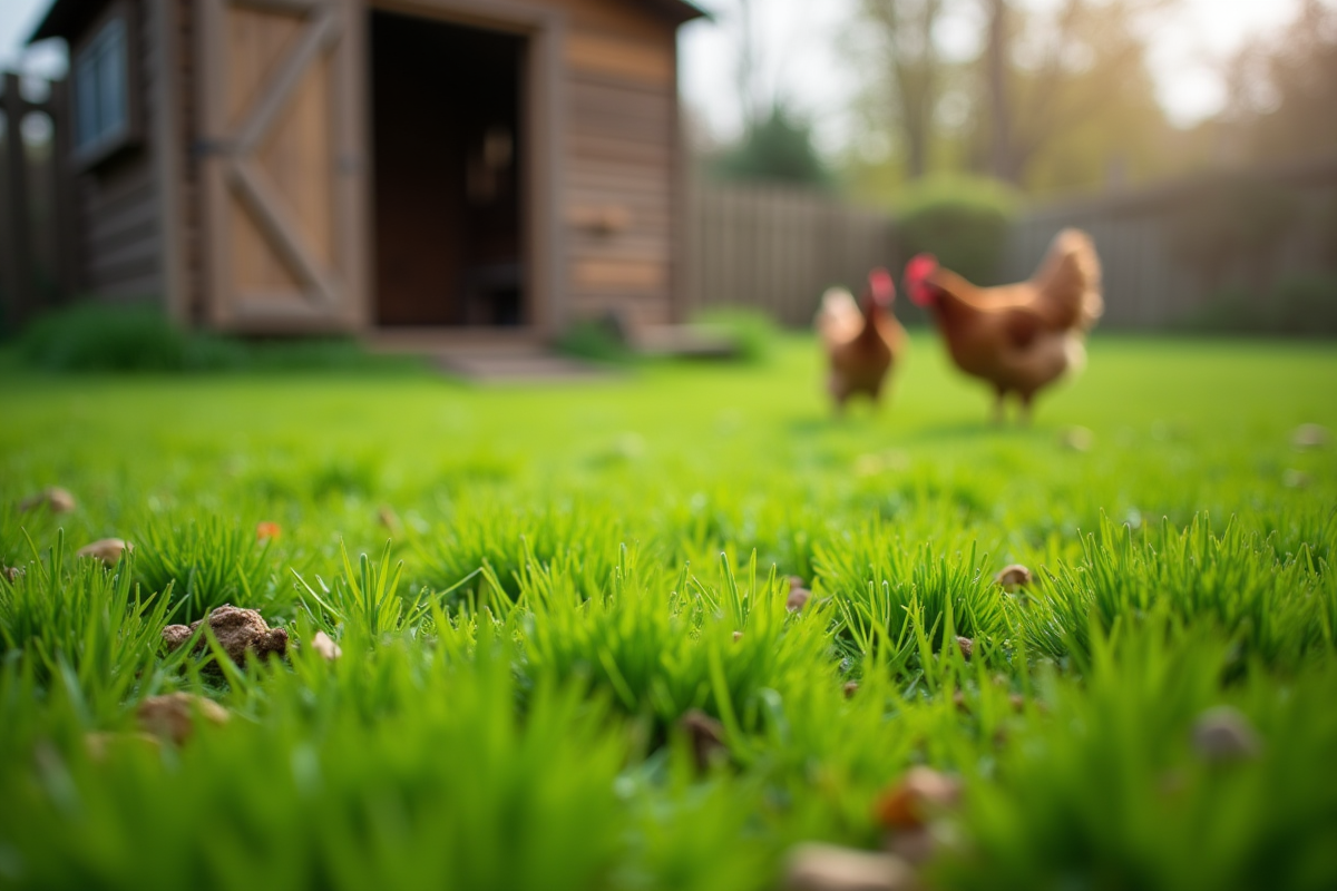 Gazon vert avec déjections de poules dans un jardin