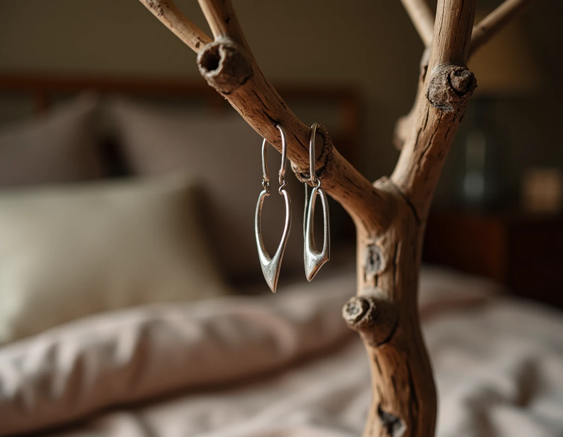 Gros plan sur les branches en bois brut d'un arbre à bijoux artisanal portant des boucles d'oreilles en argent et un bracelet en cuivre