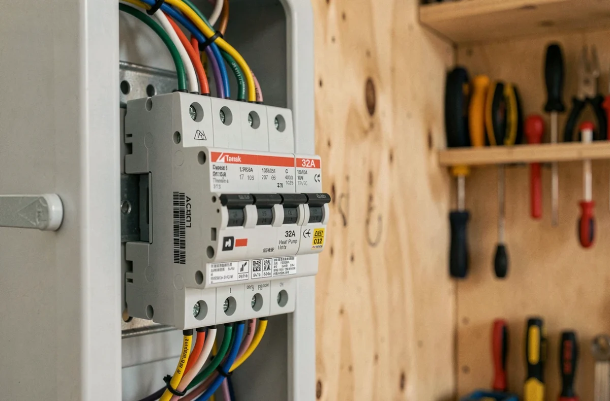 Gros plan sur un disjoncteur 32A dédié à une pompe à chaleur dans un tableau électrique résidentiel ouvert