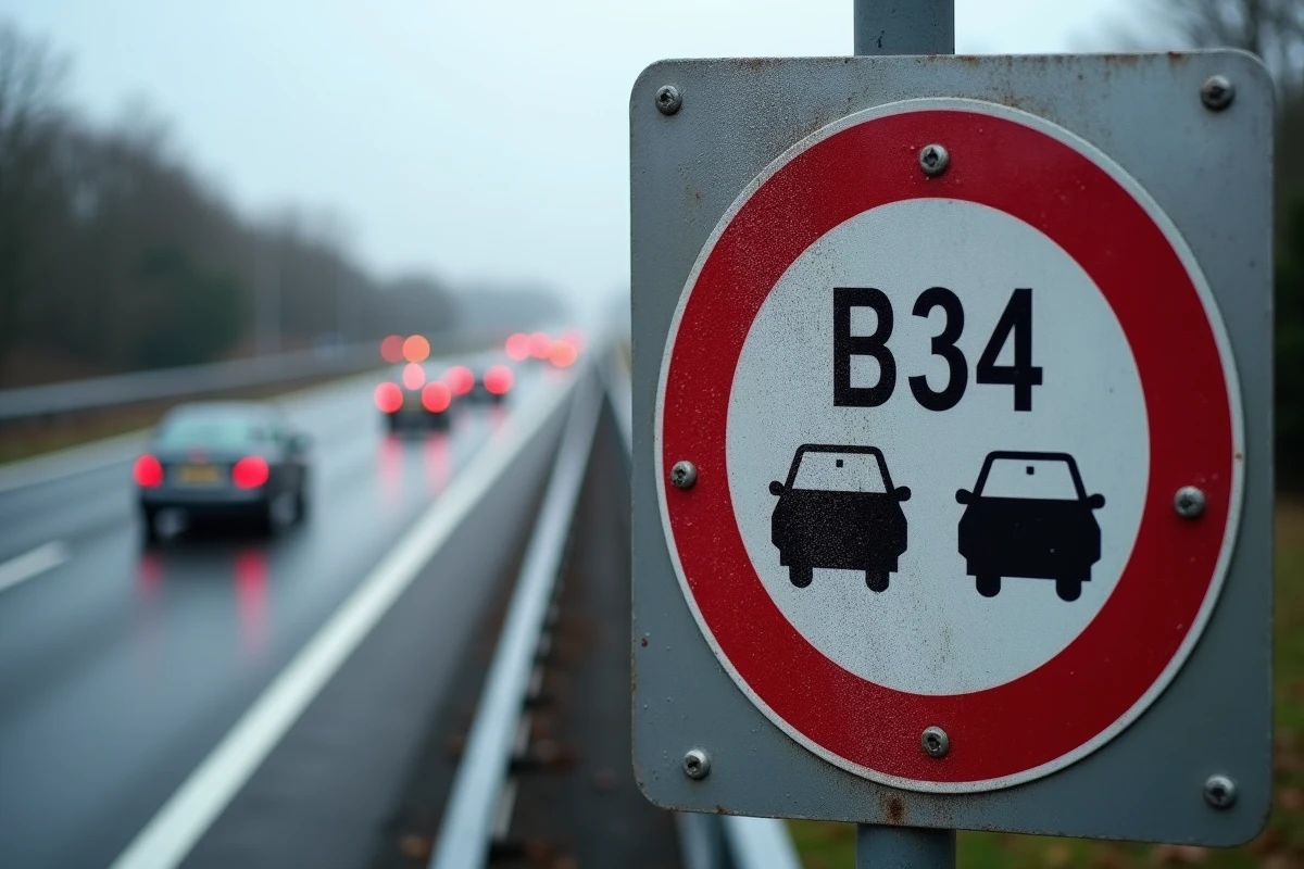 Gros plan sur un panneau B34 avec gouttelettes de rosée sur autoroute française avec trafic flou en arrière-plan