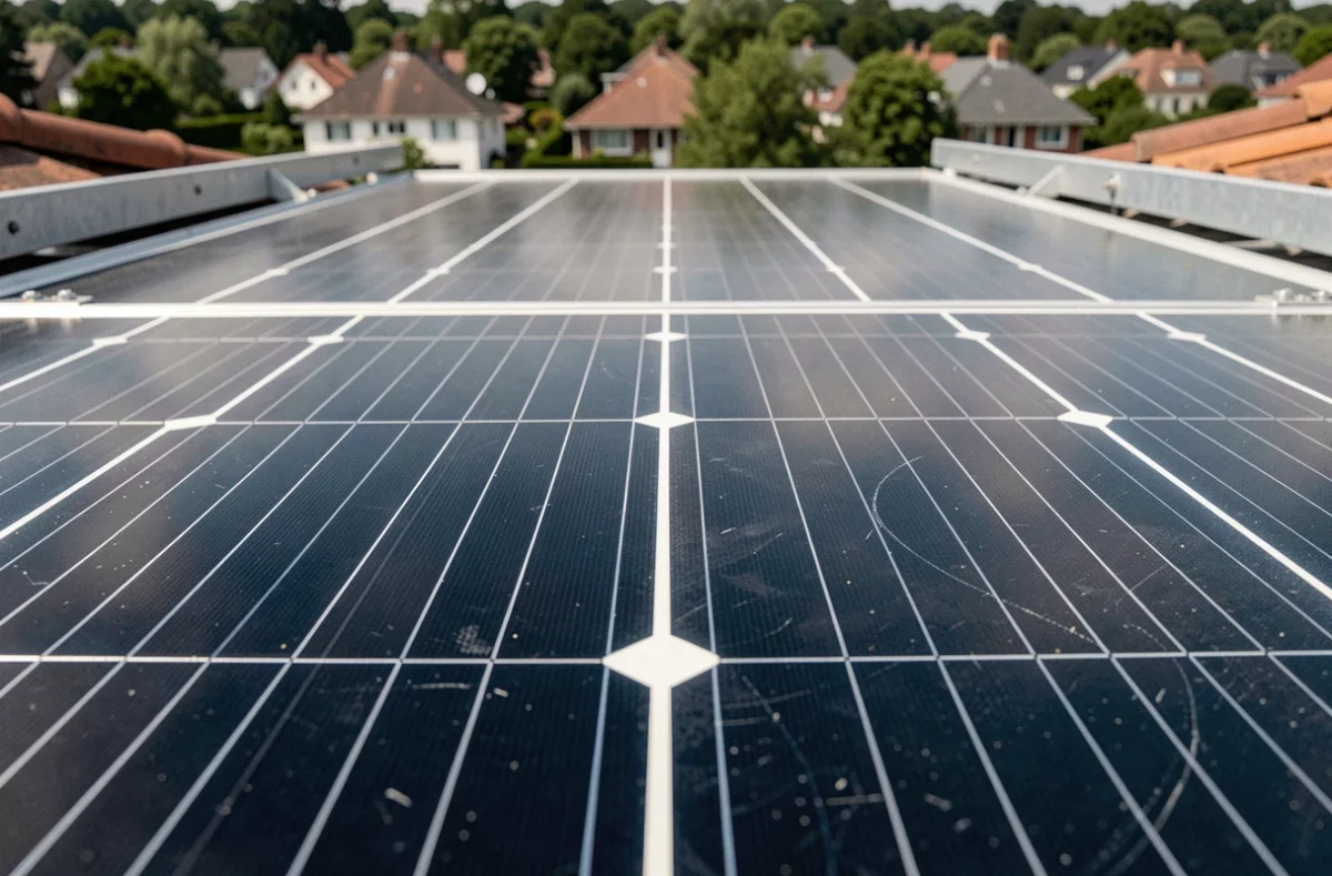 Gros plan sur des panneaux solaires photovoltaïques installés sur un toit de maison individuelle