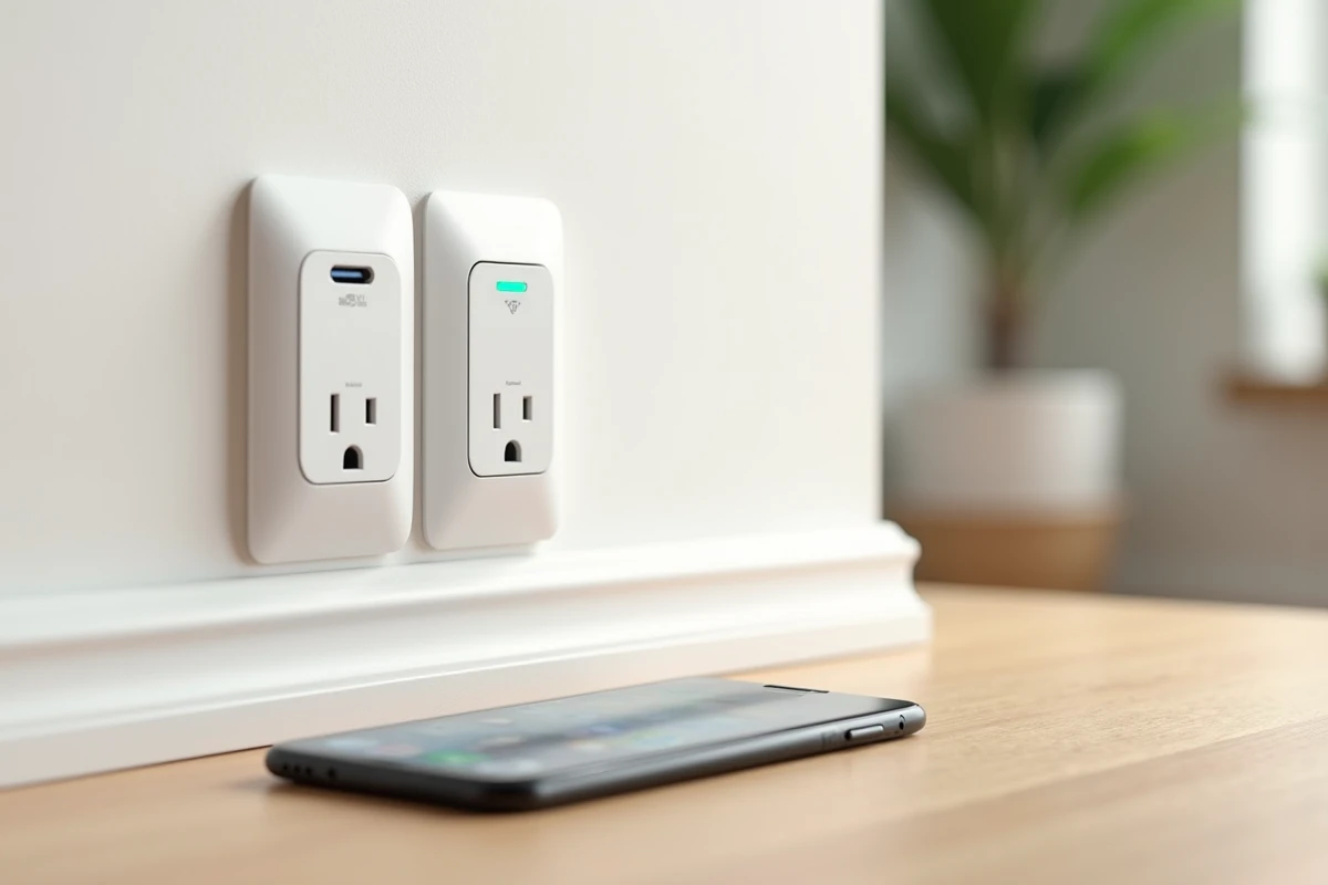 Gros plan sur des prises murales connectées avec port USB-C et indicateur Wi-Fi accompagnées d'un smartphone affichant une application domotique