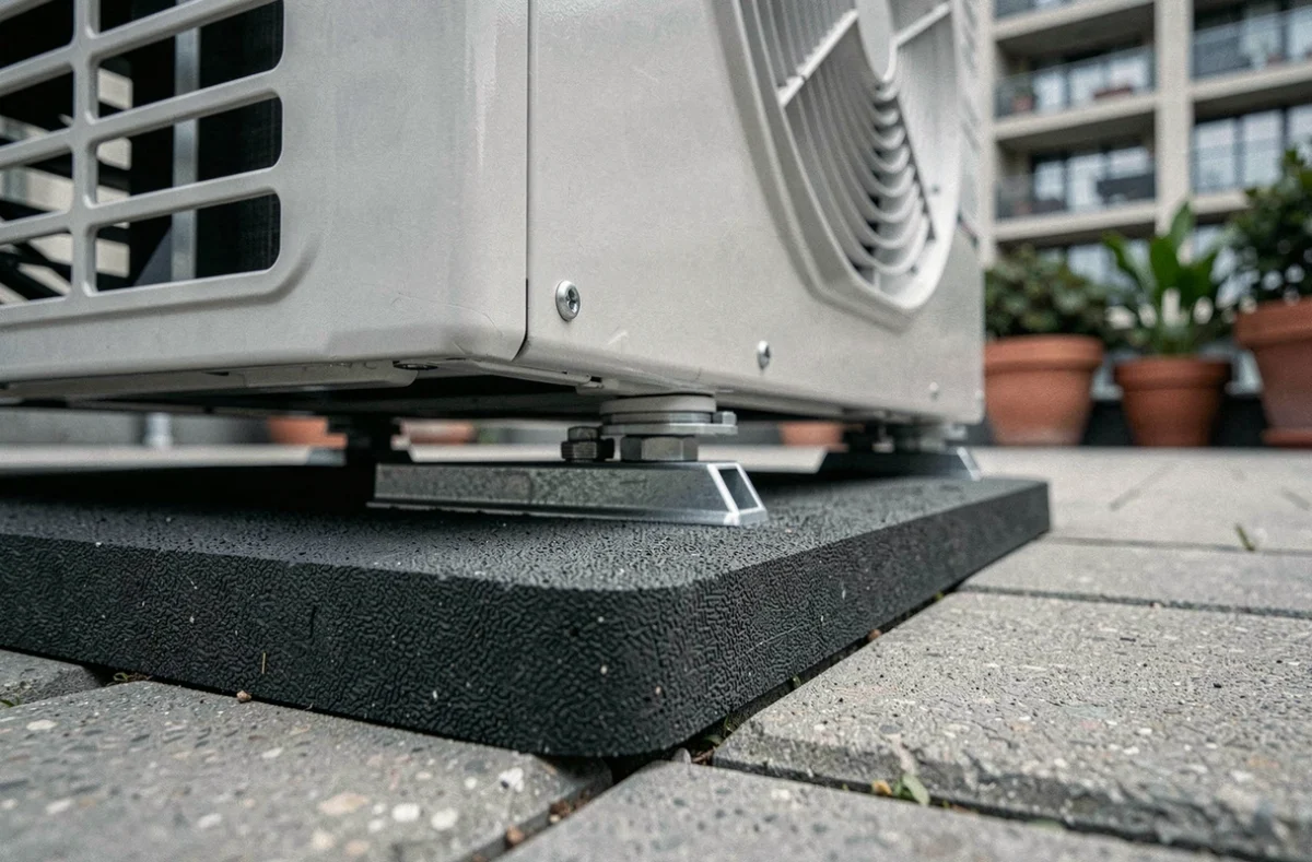 Gros plan sur le socle anti-vibration en caoutchouc composite sous une pompe à chaleur extérieure sur terrasse