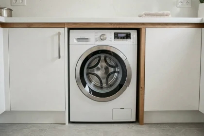 Machine à laver encastrable installée sous un plan de travail blanc avec hauteur standard respectée dans une cuisine moderne