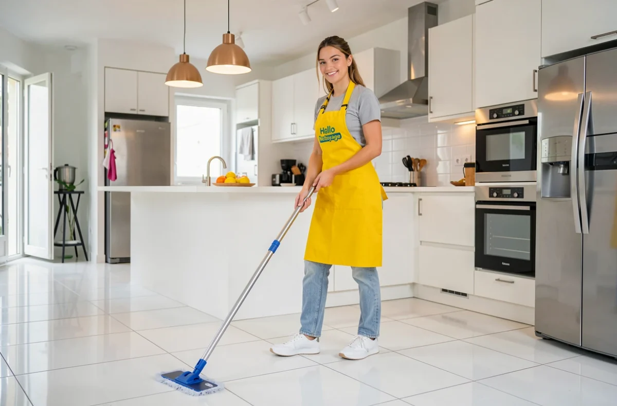 Professionnelle Hello Nettoyage en tablier jaune lavant le sol carrelé d'une cuisine moderne française