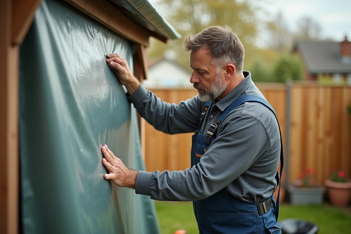 Homme en salopette fixant une bache plastique dans le jardin