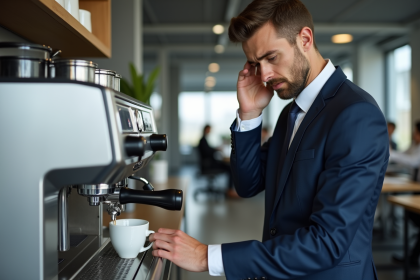 Jeune homme en costume à côté d'une machine à café moderne