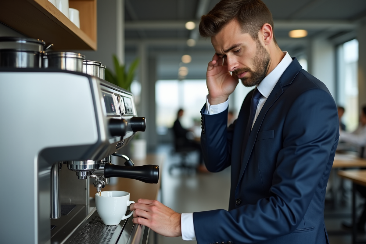 Jeune homme en costume à côté d'une machine à café moderne