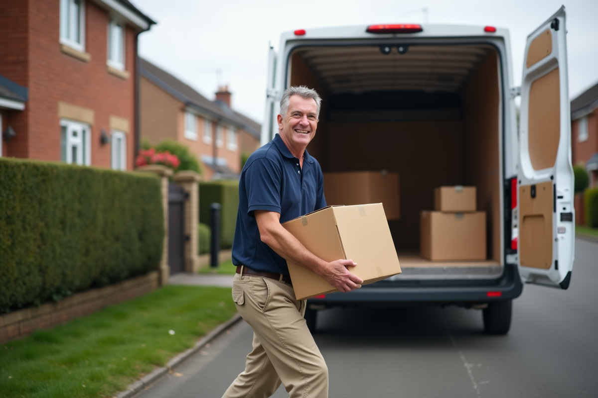 Homme portant une boxe de déménagement devant un camion dans la rue