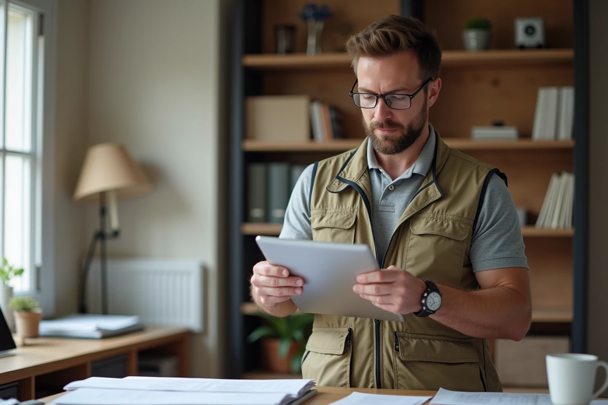 Homme en polo et gilet examinant des documents dans un bureau organisé