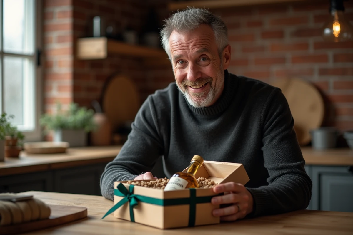 Homme d'une cinquantaine d'années découvrant un coffret whisky personnalisé avec monogramme dans un cadre scandinave chaleureux