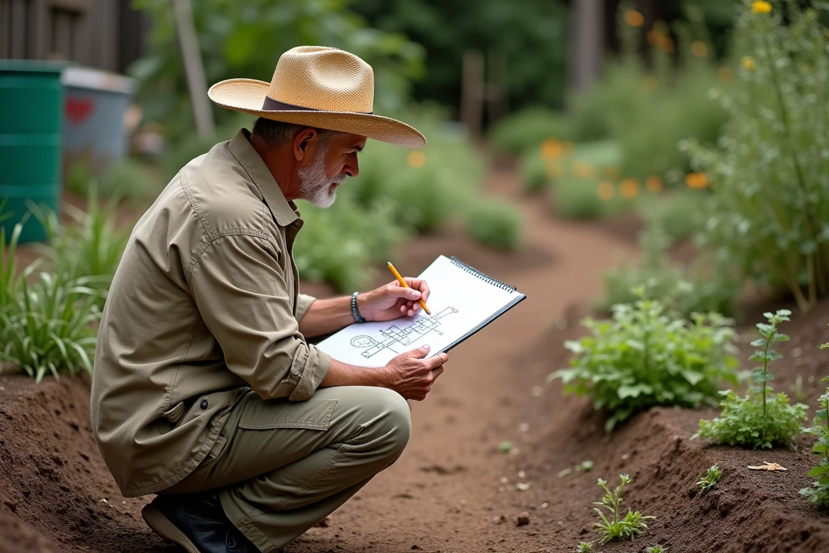 Homme dessinant un plan de permaculture dans un jardin
