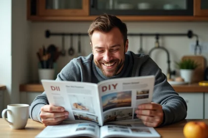Homme souriant feuilletant un magazine de bricolage dans la cuisine