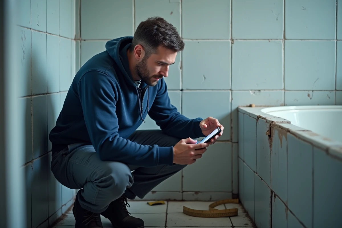 Homme évaluant l'état d'une salle de bain à rénover avec un outil d'estimation sur smartphone