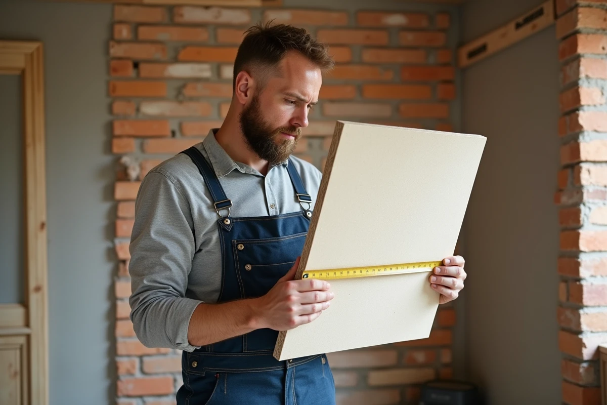 Homme en overalls mesurant des panneaux d'isolation