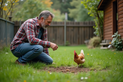 Homme en jeans examine un jardin avec poules et clôture