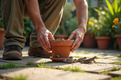 Homme en jardinage soucieux découvrant des lézards sous un pot