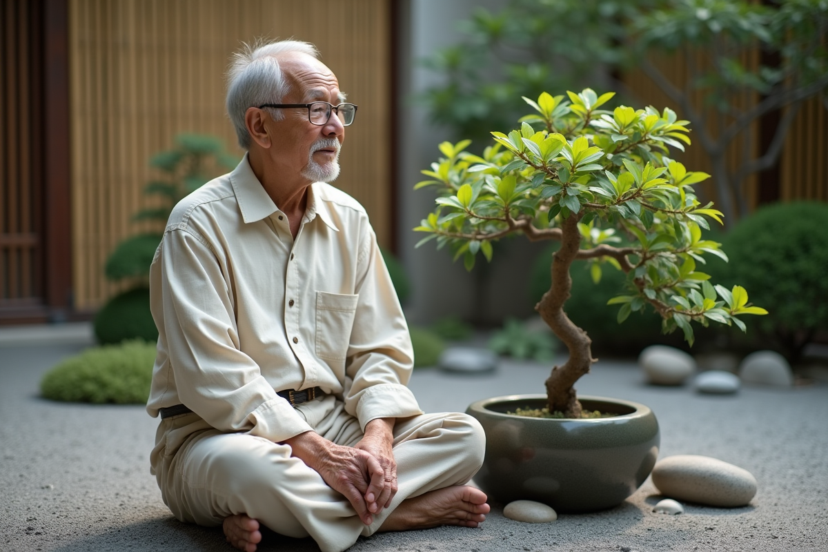 Homme âgé dans un jardin zen avec un arbre porte-bonheur
