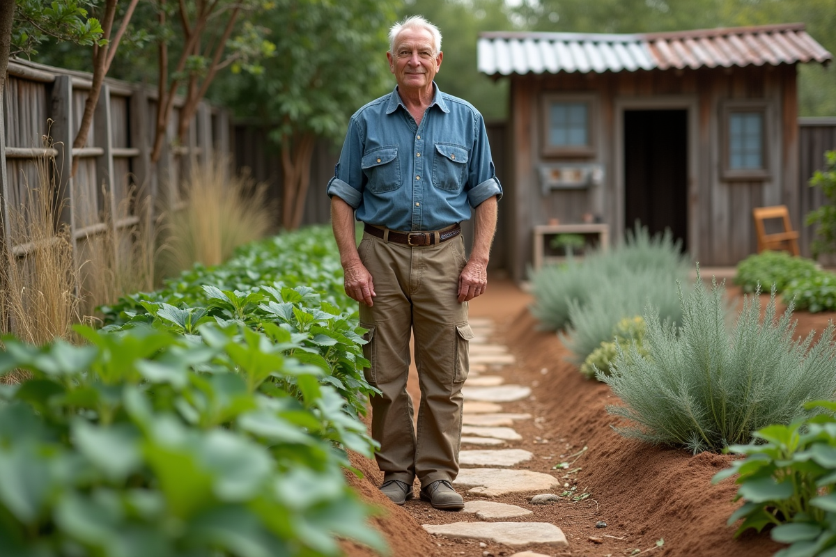 Homme âgé dans un jardin avec haricots verts et sauge