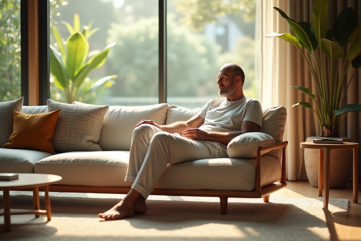 Homme en loungewear dans un salon futuriste avec technologie et nature