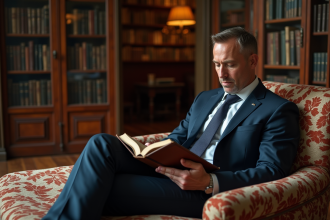 Homme d'âge moyen lisant un livre ancien dans un salon élégant