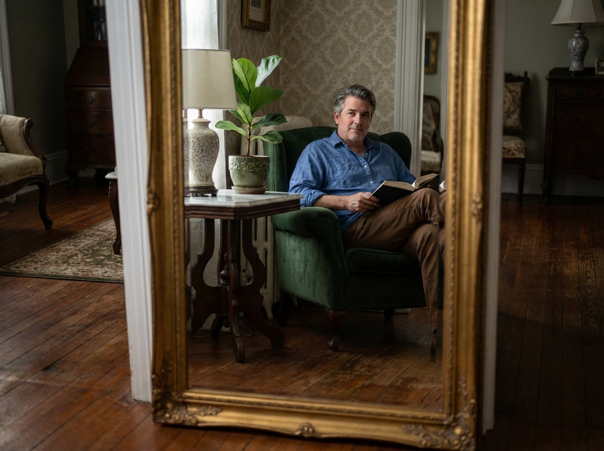 Homme lisant un livre dans un salon classique avec miroir