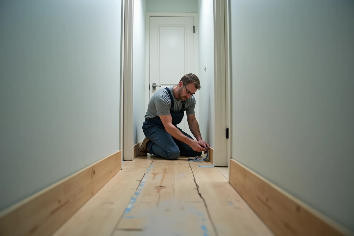 Homme en tenue de travail appliquant du ruban de masquage dans un couloir