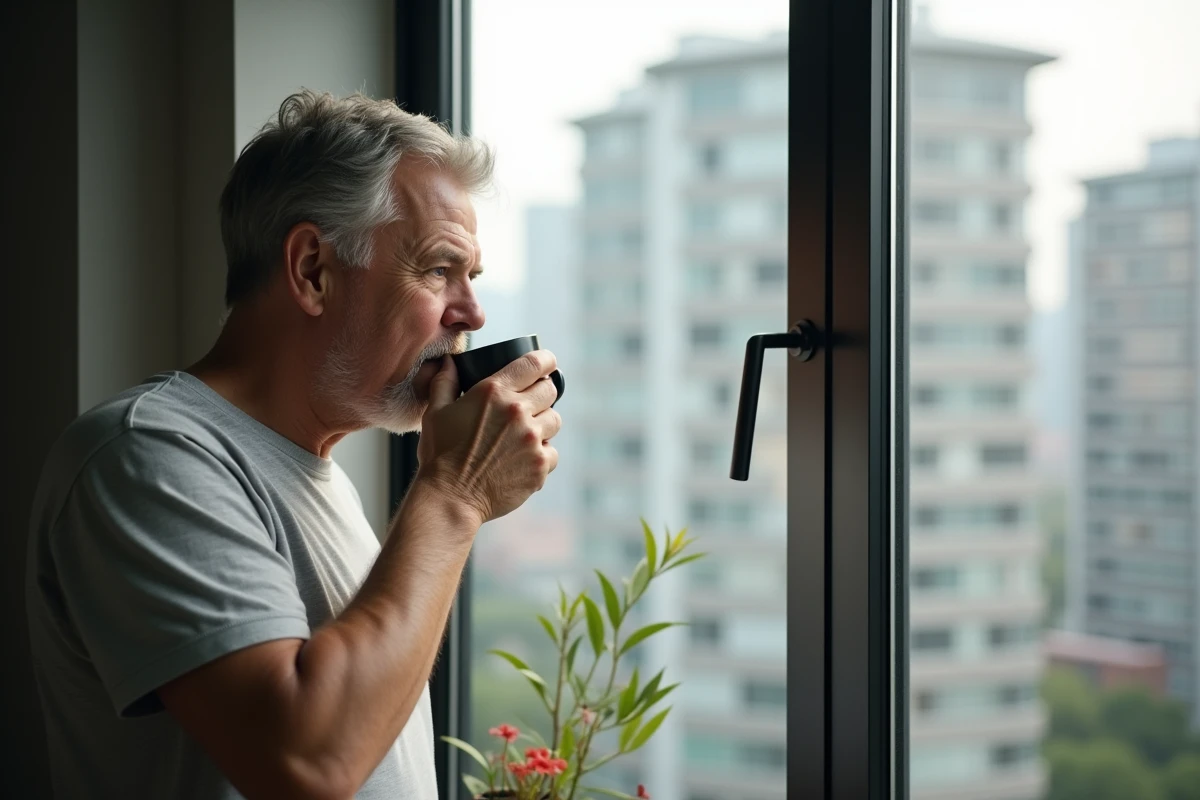 Homme détendu regardant la ville depuis la fenêtre