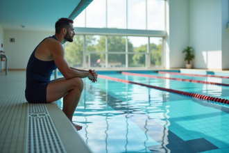 Homme d'âge moyen en maillot nageant dans une piscine intérieure