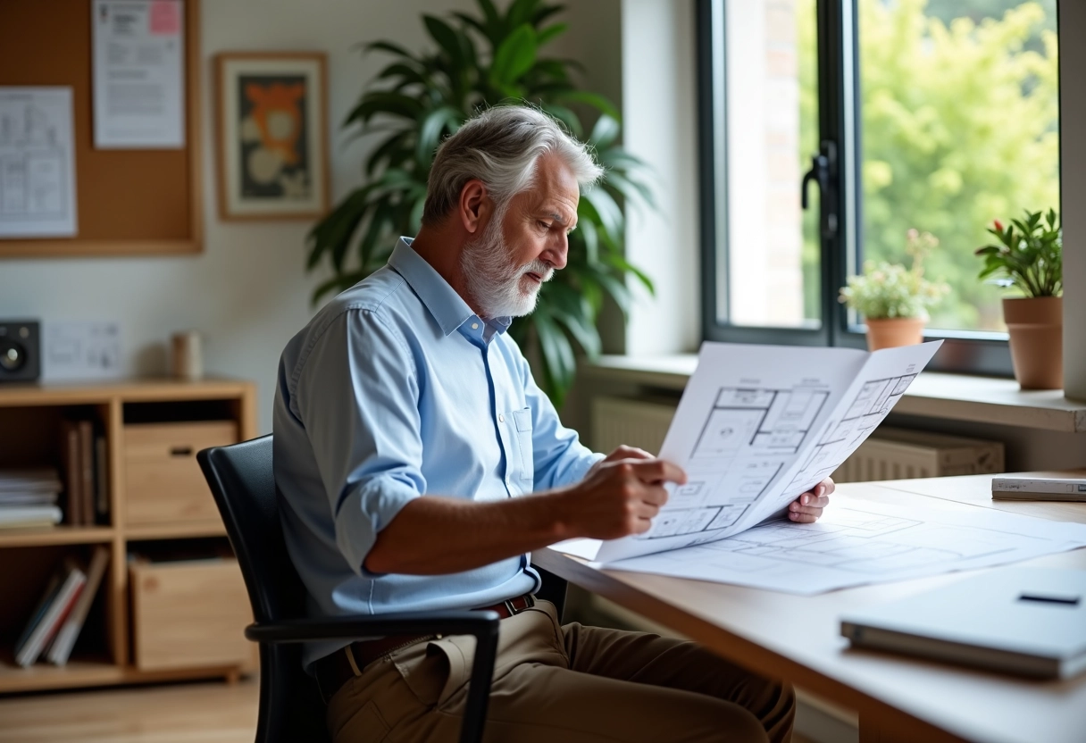 Homme examinant des plans de maison dans un bureau lumineux
