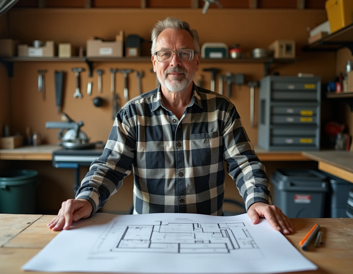 Homme étudiant un plan de rénovation dans un atelier de bricolage DIY