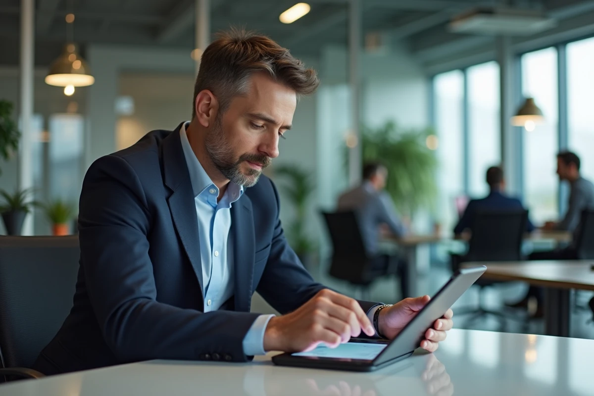 Homme consulte plateforme renovation sur tablette au bureau
