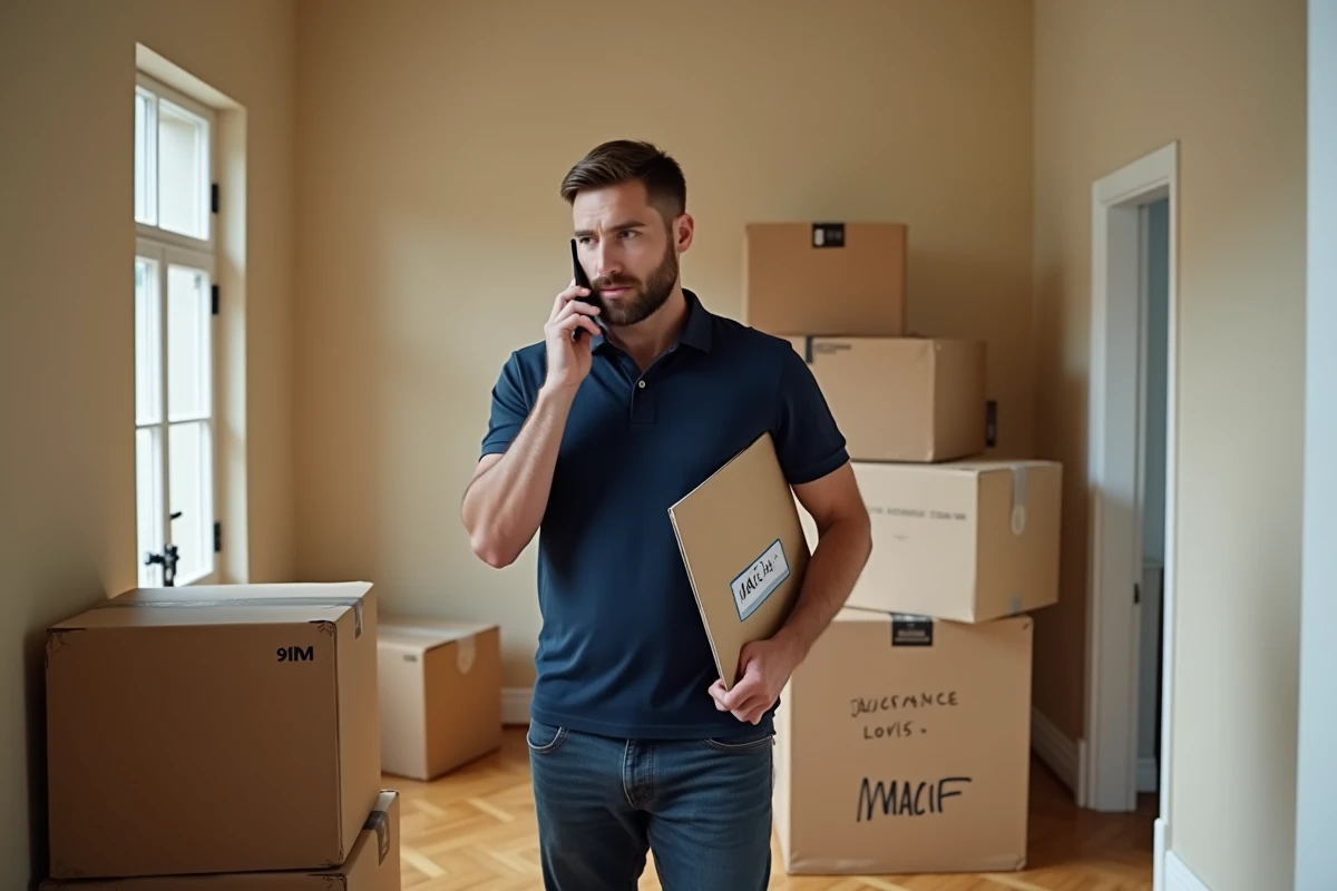 Homme gérant sa résiliation d'assurance habitation MACIF lors d'un déménagement dans un couloir chargé de cartons