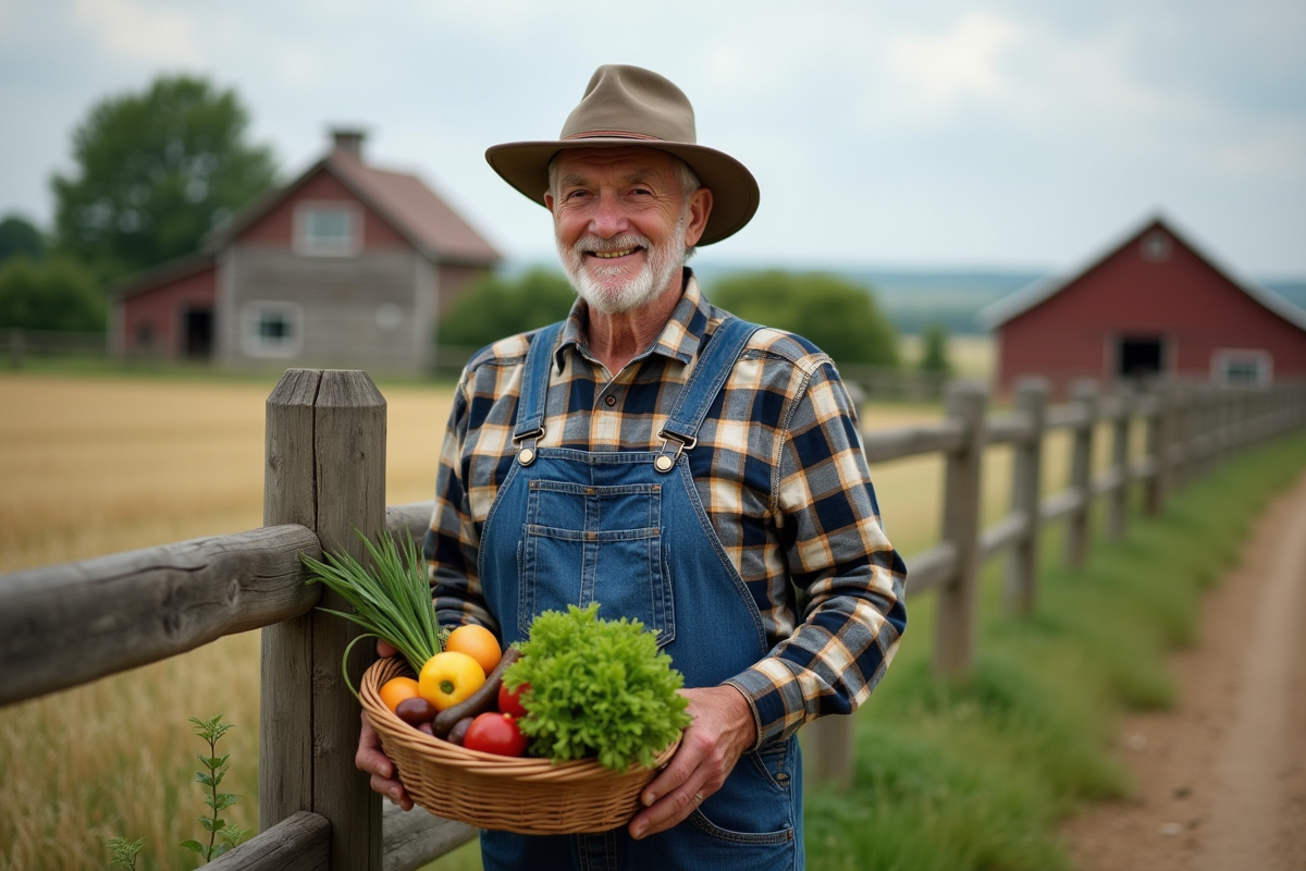 Homme âgé avec panier de légumes dans la campagne