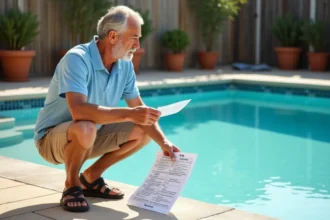 Homme consultant un tableau de dosage chlore et pH au bord d'une piscine extérieure