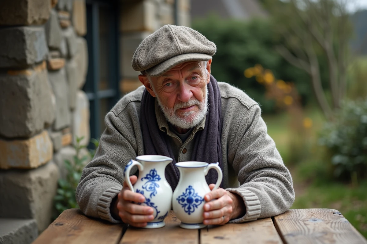 Homme âgé comparant des pichets en faience bretonne