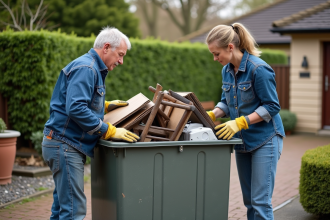 Homme et femme triant des objets dans une benne extérieure