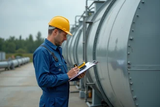 Ingénieur en overalls bleu et casque jaune près d'un grand réservoir d'eau