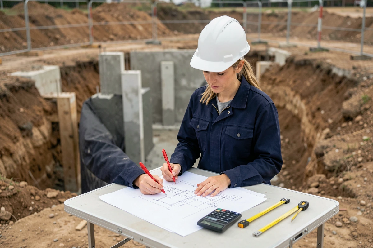 Ingénieure en génie civil annotant des plans de calcul de métré béton sur un chantier de fondations