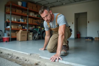Homme inspectant un seuil en béton dans un garage moderne