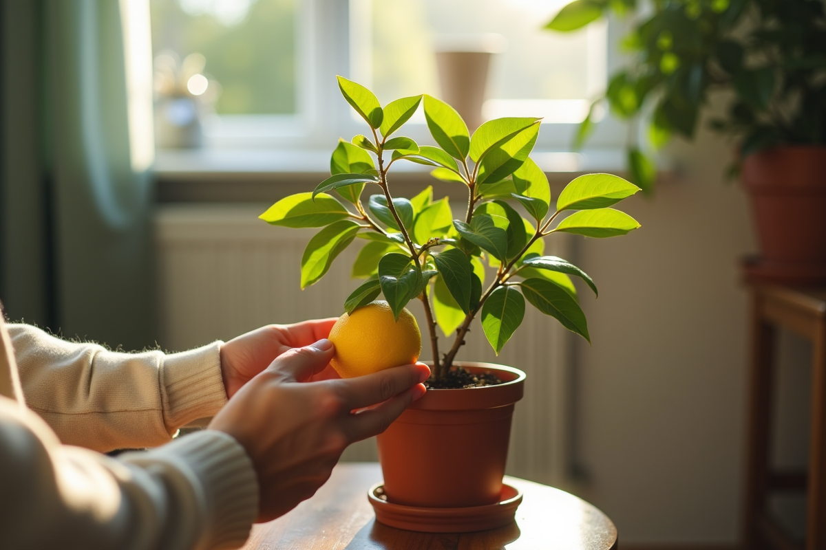 Mains inspectant les feuilles d un citronnier en intérieur
